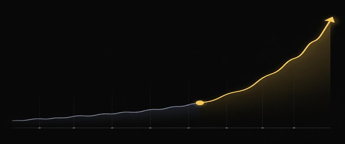 Financial growth chart showing flat progress then sharp upward curve after the inflection point — representing Millionaire Partner System results timeline