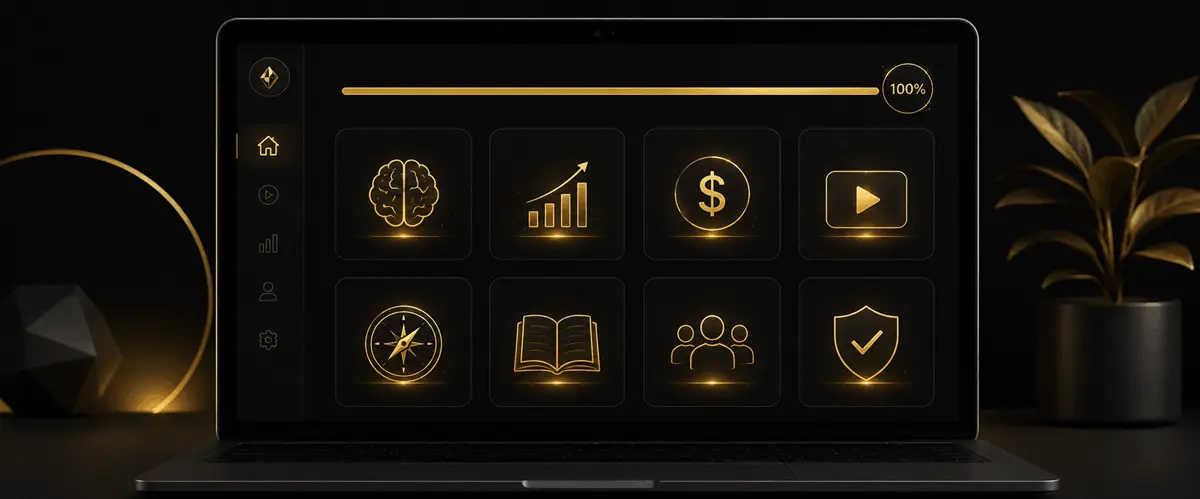 Millionaire Partner System course dashboard showing all 8 modules including mindset, wealth strategy, asset allocation and investment fundamentals