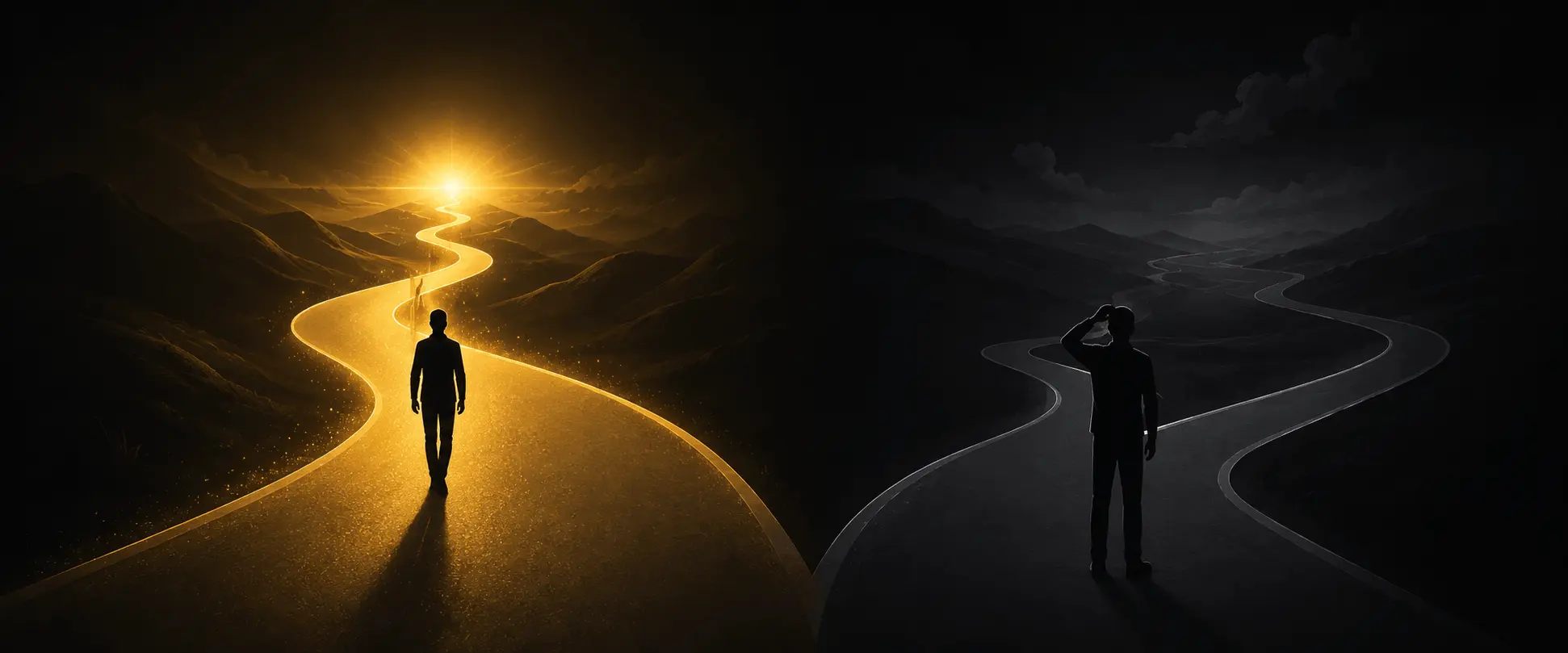 Two paths: one person walking a golden glowing road toward financial freedom, another standing uncertain in darkness — representing who Millionaire Partner System is right for